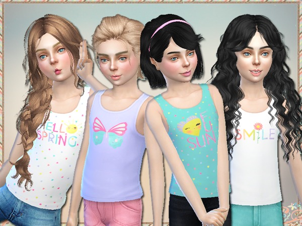 Sims 4 — 'Hello Spring' Tank Tops For Girls by Simlark — 4 tank tops for kids so they can be ready to welcome the