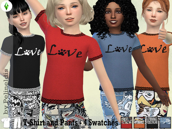 Sims 4 — Mommy and me - Child Set 2 by Pelineldis — Comic Print Pants and Paw Love T-Shirt, for girls only. Second part