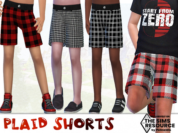 Sims 4 — Summer Plaid Shorts by Pelineldis — New cool red, black and white plaid shorts for boys and girls in four design
