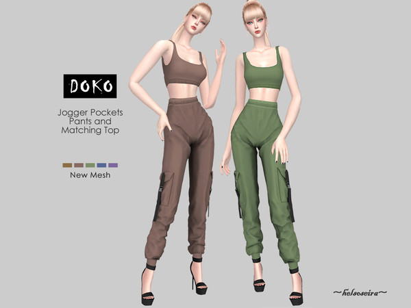 Sims 4 — DOKO - Jogger Pants and Top by Helsoseira — Style : Utility jogger pants with pockets and tank crop top Name :
