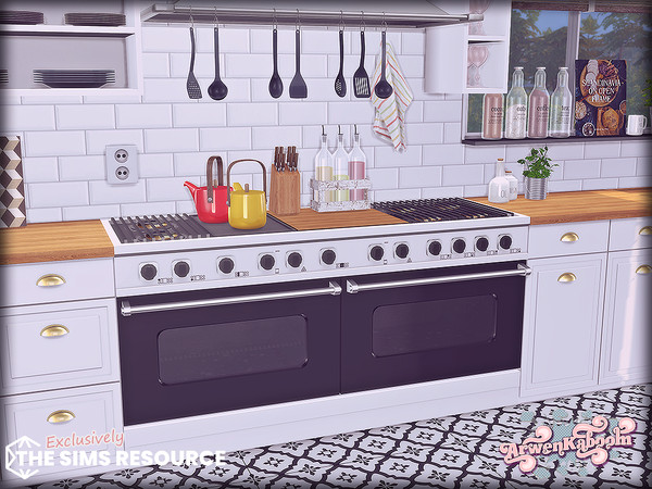 Sims 4 — Pearlwood 2 by ArwenKaboom — New kitchen set in multiple recolors. With two types of counters, lots of shelves,