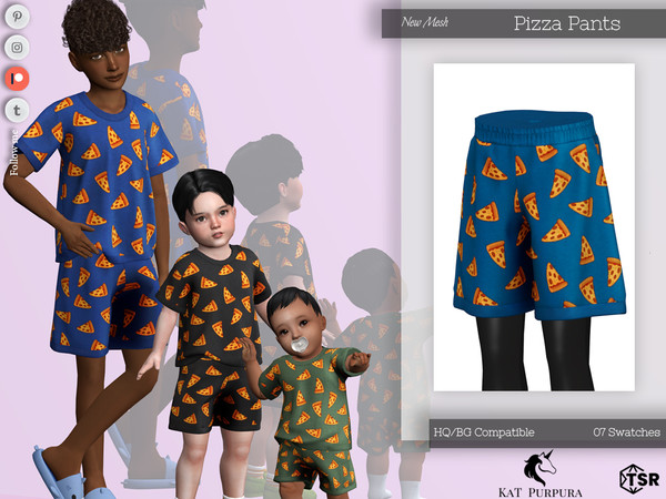 Sims 4 — Pizza Pants- Child by KaTPurpura — Boys and Girls Pizza Print Shorts